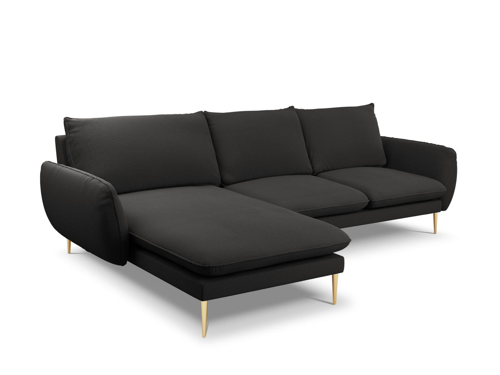 Elegantes Vienna Boucle Ecksofa links in Schwarz und Gold, ideal für moderne Wohnräume, großzügiger 5-Sitzer mit 170 cm Breite.