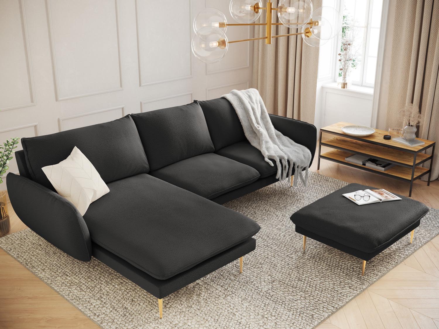 Elegantes Vienna Boucle Ecksofa links in stilvollem Schwarz und Gold, ideal für moderne Wohnräume, 5-Sitzer mit 170 cm.