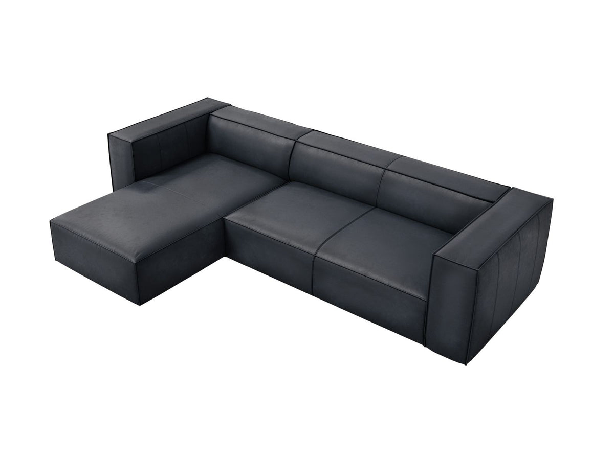 Turin Ecksofa links aus Rindsleder in Grey Brown-Granada, Massivholzrahmen, Récamiere und Holzfüsse, 5 Sitzplätze, Cosmopolitan Design