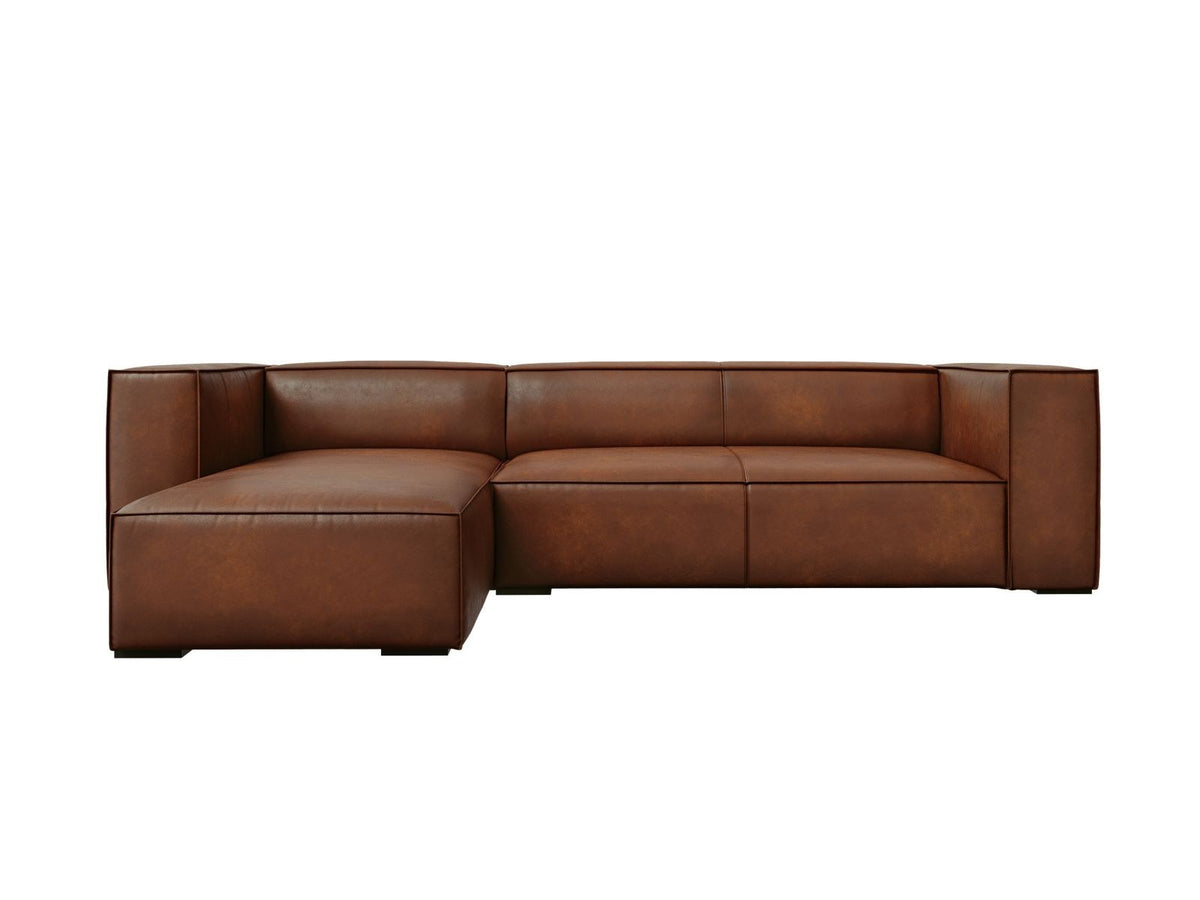 Turin Ecksofa links aus Rindsleder in Grey Brown-Granada, Massivholzrahmen, Récamiere und Holzfüsse, 5 Sitzplätze, Cosmopolitan Design