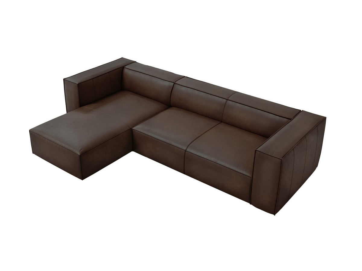 Turin Ecksofa links aus Rindsleder in Grey Brown-Granada, Massivholzrahmen, Récamiere und Holzfüsse, 5 Sitzplätze, Cosmopolitan Design