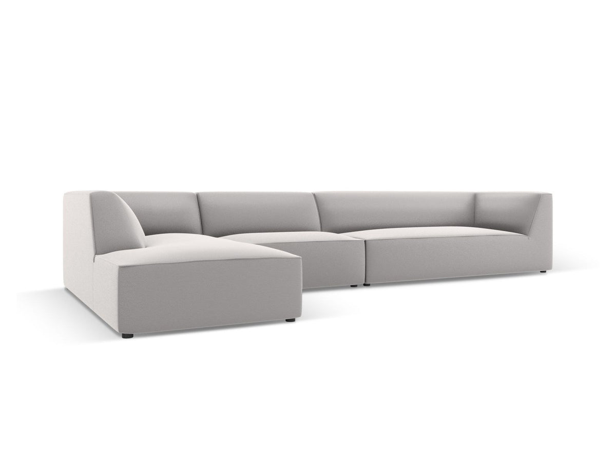 Modulares Ecksofa Siena in Light Beige mit lederähnlichem Bezugsstoff, schwarzen Kunststoffbeinen und moderner Eckform, 5-Sitzer, 180 cm Tiefe.