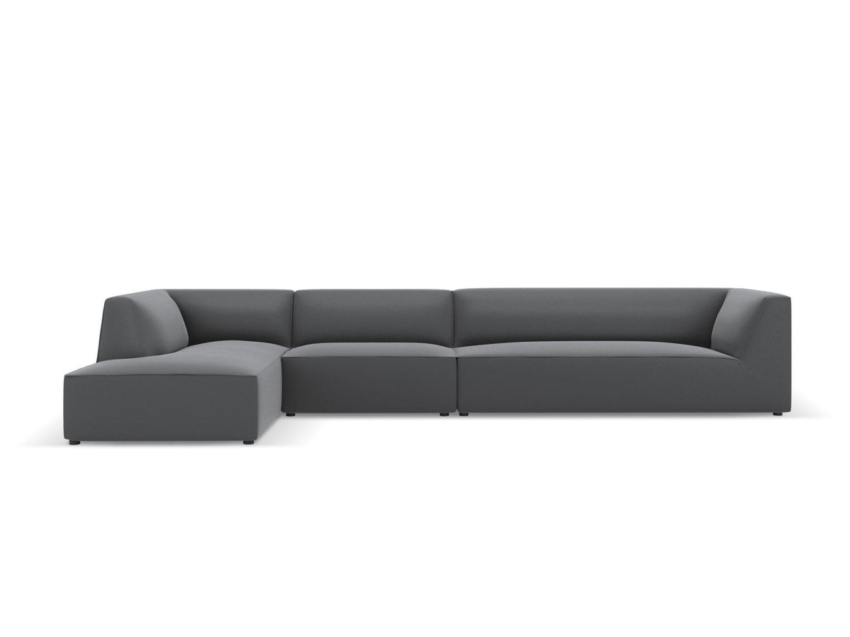 Modulares Ecksofa Siena in Light Beige mit lederähnlichem Bezugsstoff, schwarzen Kunststoffbeinen und moderner Eckform, 5-Sitzer, 180 cm Tiefe.