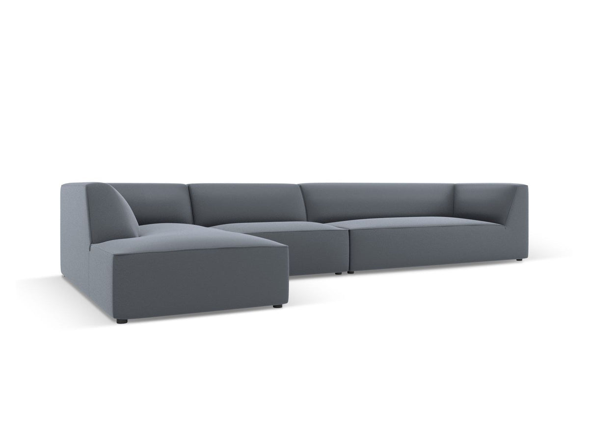 Modulares Ecksofa Siena in Light Beige mit lederähnlichem Bezugsstoff, schwarzen Kunststoffbeinen und moderner Eckform, 5-Sitzer, 180 cm Tiefe.
