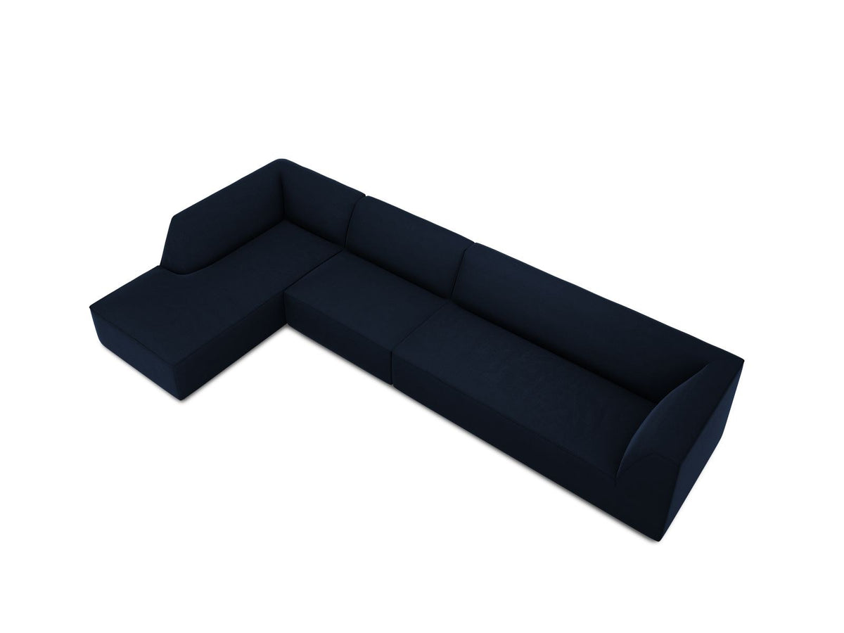 Beige-Salvador Samt Ecksofa links mit Récamiere, schwarzen Kunststoffbeinen und modularem Aufbau, Cosmopolitan Design Siena Serie.