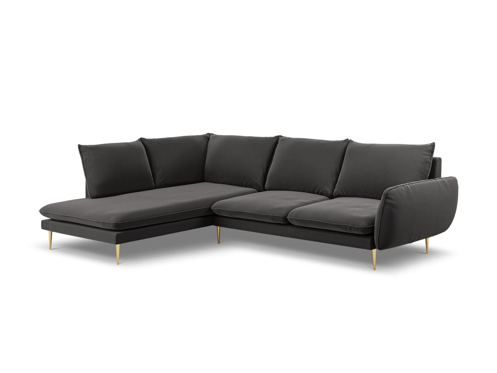 Vienna Velour Ecksofa links 6 Sitzer 185cm in Dark Grey/Gold präsentiert im Onlineshop von KAQTU Design AG. Ecksofa links ist von Cosmopolitan Design