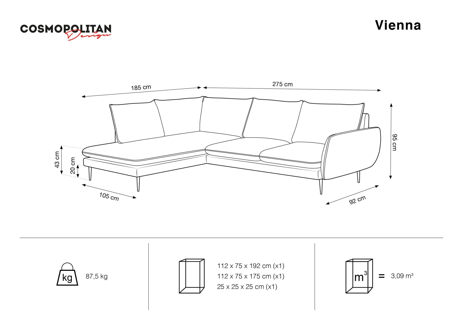 Vienna Velour Ecksofa links 6 Sitzer 185cm in Dark Grey/Schwarz-Bluvel präsentiert im Onlineshop von KAQTU Design AG. Ecksofa links ist von Cosmopolitan Design