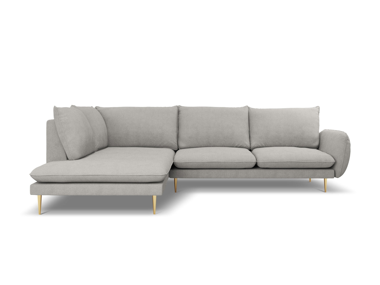 Stylisches Vienna Ecksofa links in Light Grey/Gold-Asgard/Positano, ideal für moderne Wohnräume, bietet Platz für bis zu 6 Personen.