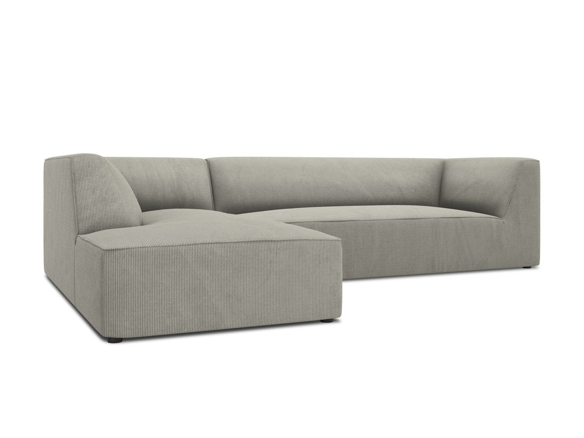 Modulares Ecksofa Siena links, 4-Sitzer, Light Beige-Scala Stoff, Massivholzrahmen, schwarze Kunststoffbeine, Sitzhöhe 40 cm.