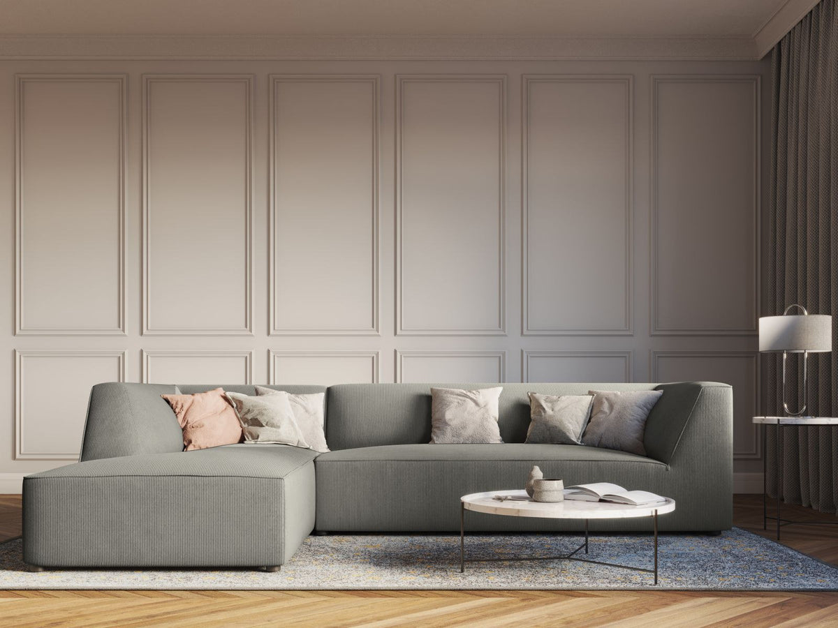 Modulares Ecksofa Siena links, 4-Sitzer, Light Beige-Scala Stoff, Massivholzrahmen, schwarze Kunststoffbeine, Sitzhöhe 40 cm.