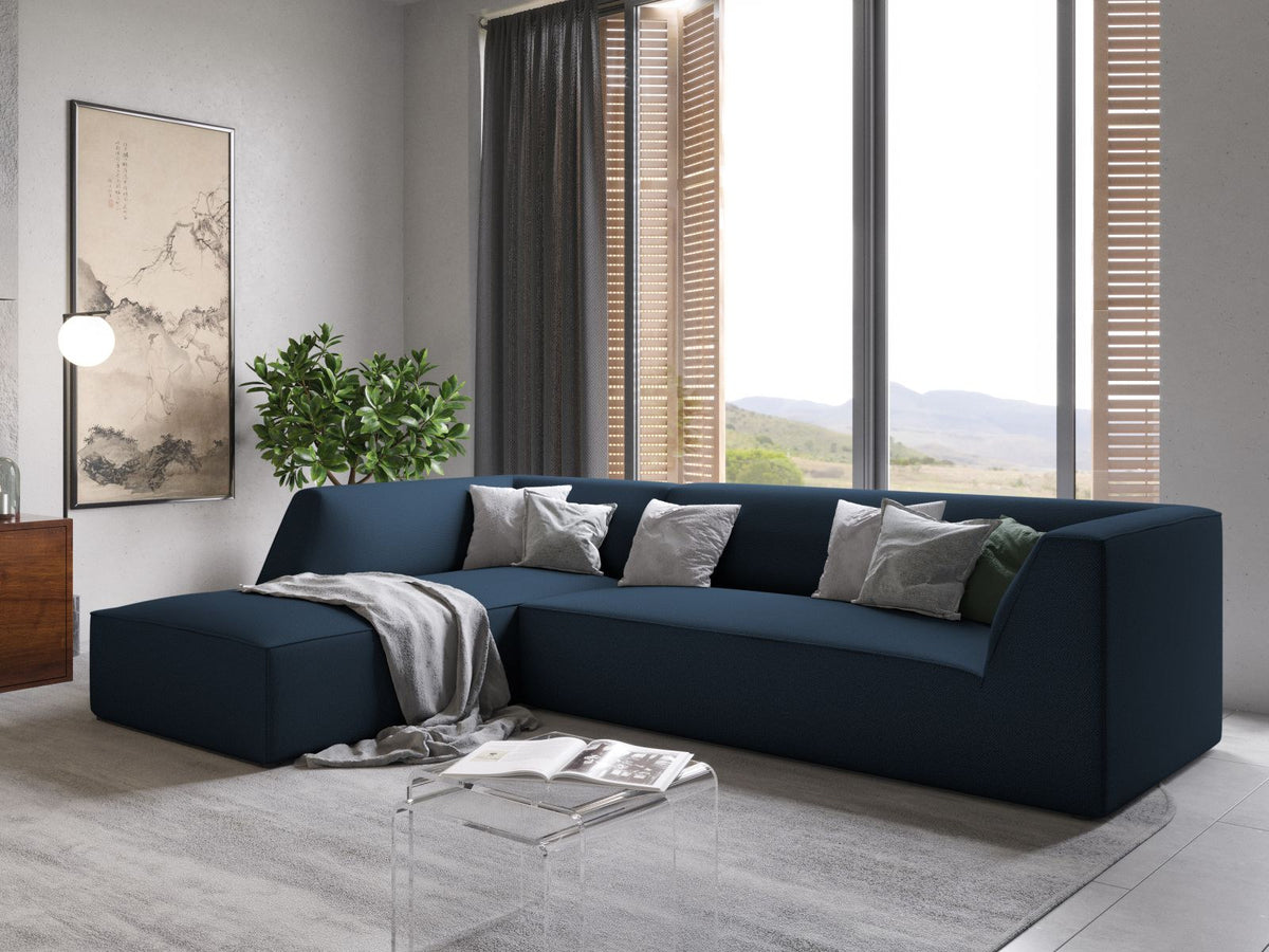 Modulares Ecksofa Siena links, 4-Sitzer, Light Beige-Scala Stoff, Massivholzrahmen, schwarze Kunststoffbeine, Sitzhöhe 40 cm.