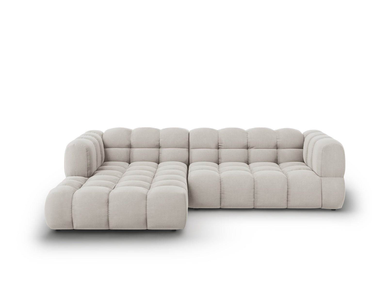 Modulares 4-Sitzer Ecksofa links in hochwertigem Sky Velour, sanfte Farbgebung, perfekt für moderne Wohnkonzepte und Komfort.