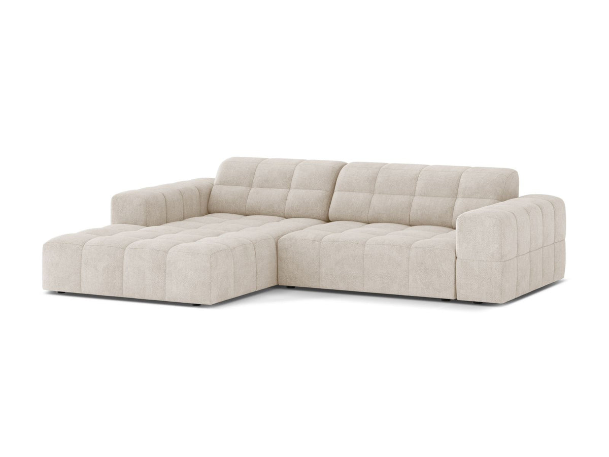 Ecksofa links Chicago in Light Beige-Eden Stoff, Massivholzrahmen mit schwarzen Kunststoffbeinen, Récamiere-Form von Cosmopolitan Design.