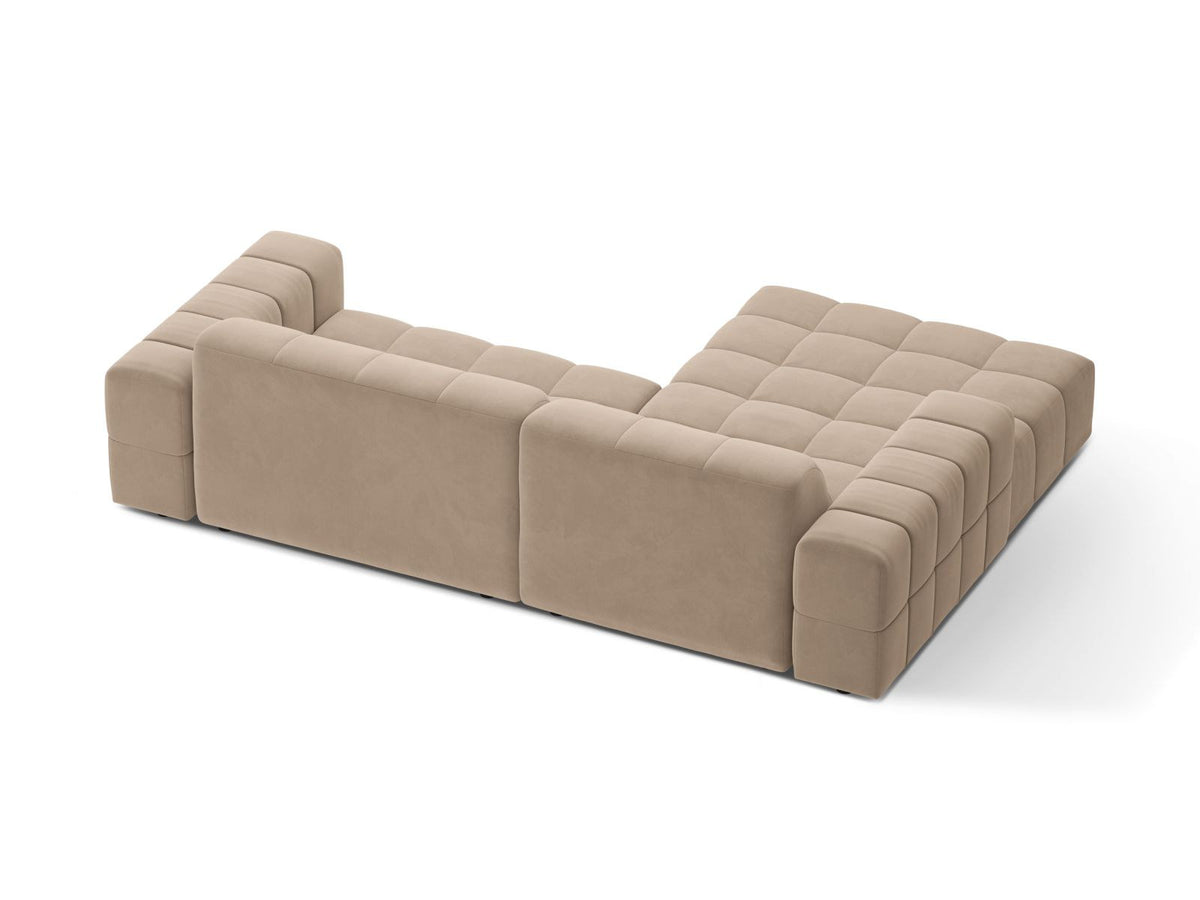 Ecksofa links Chicago in dunkelgrünem Samtstoff mit schwarzen Kunststoffbeinen, Massivholzrahmen und markanter Récamiere-Form.