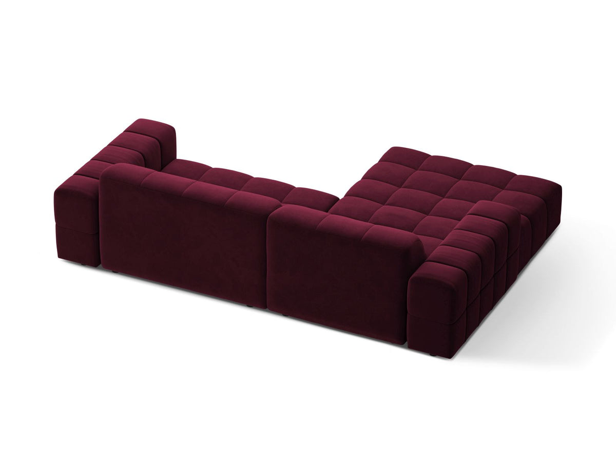 Ecksofa links Chicago in dunkelgrünem Samtstoff mit schwarzen Kunststoffbeinen, Massivholzrahmen und markanter Récamiere-Form.