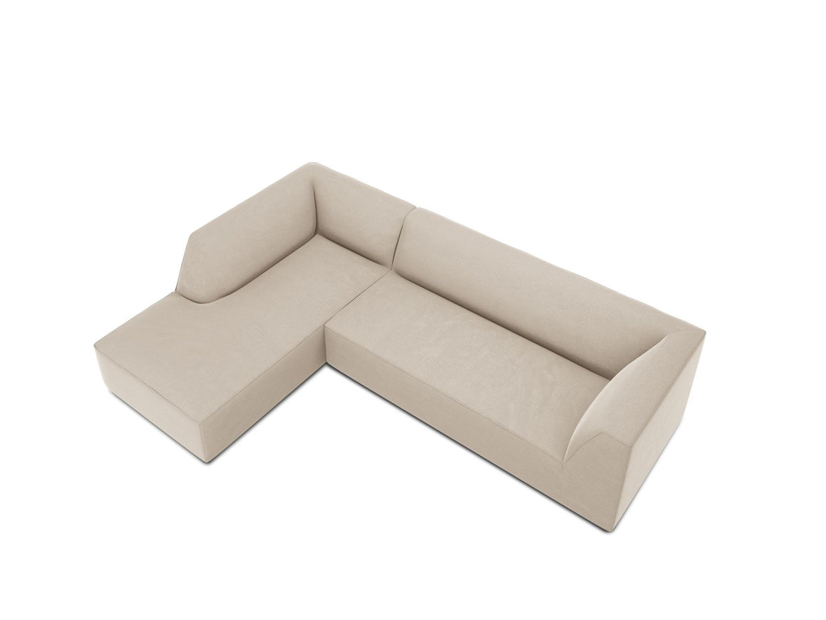 Modulares Ecksofa links in Beige-Salvador Samtstoff, schwarze Kunststoffbeine, Récamiere und gepolsterte Rückenlehne, 4-Sitzer, 180cm Breite.