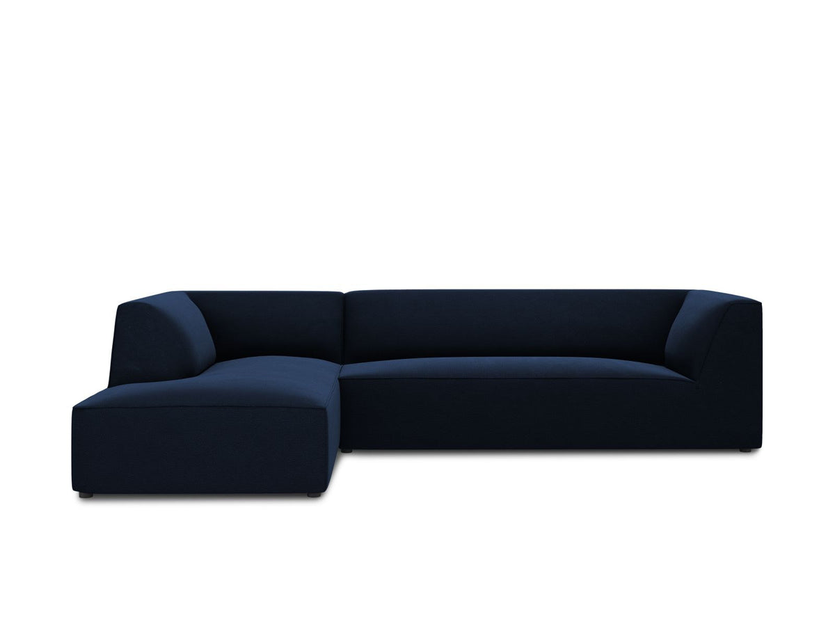 Modulares Ecksofa links in Beige-Salvador Samtstoff, schwarze Kunststoffbeine, Récamiere und gepolsterte Rückenlehne, 4-Sitzer, 180cm Breite.