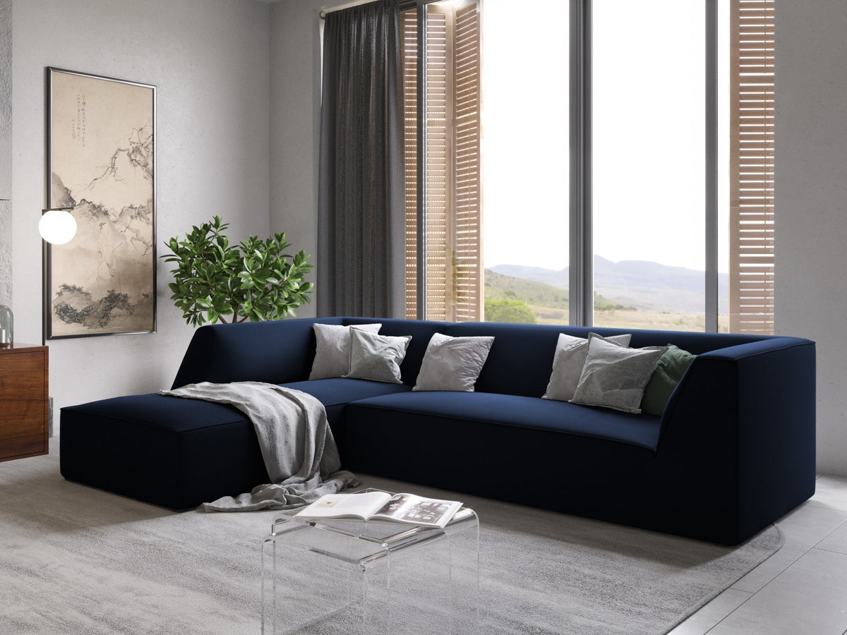 Modulares Ecksofa links in Beige-Salvador Samtstoff, schwarze Kunststoffbeine, Récamiere und gepolsterte Rückenlehne, 4-Sitzer, 180cm Breite.