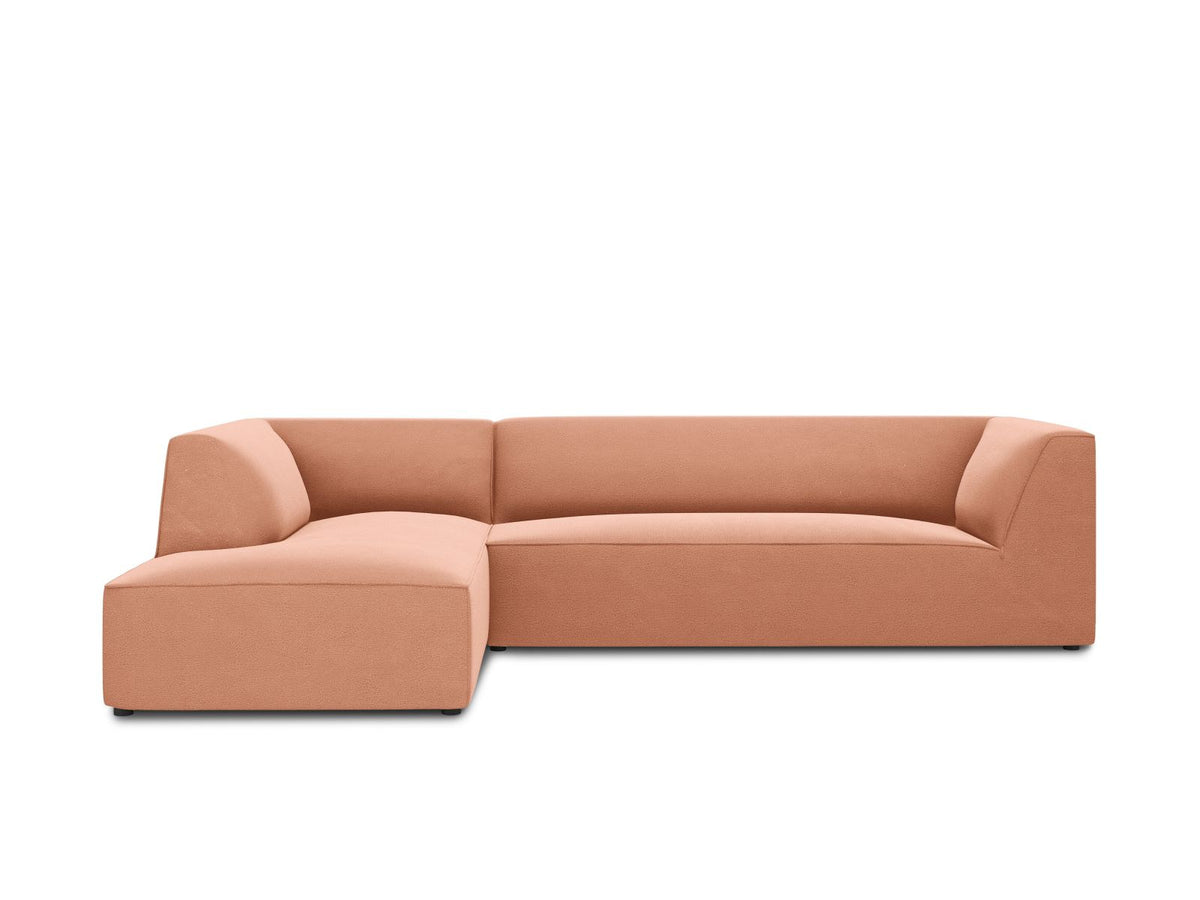 Modulares Ecksofa links in Beige-Salvador Samtstoff, schwarze Kunststoffbeine, Récamiere und gepolsterte Rückenlehne, 4-Sitzer, 180cm Breite.