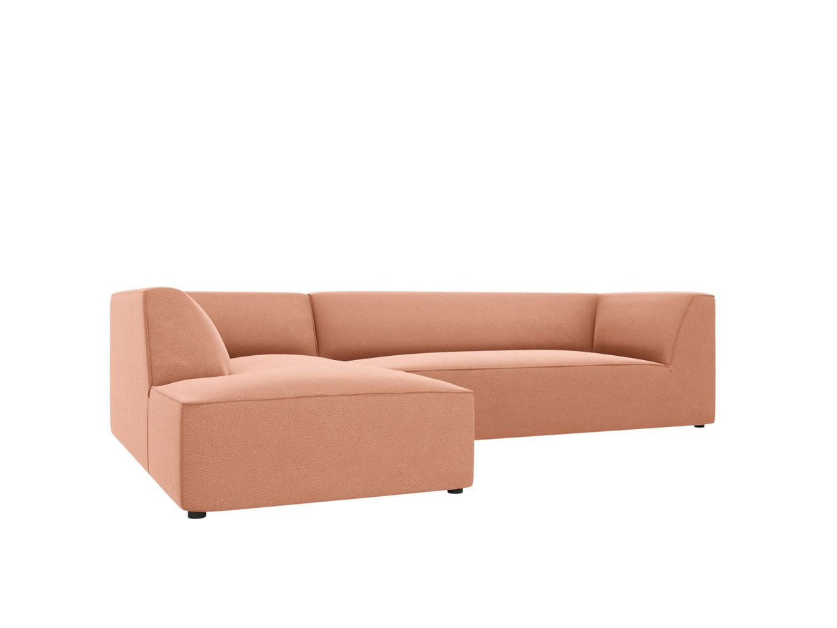 Modulares Ecksofa links in Beige-Salvador Samtstoff, schwarze Kunststoffbeine, Récamiere und gepolsterte Rückenlehne, 4-Sitzer, 180cm Breite.