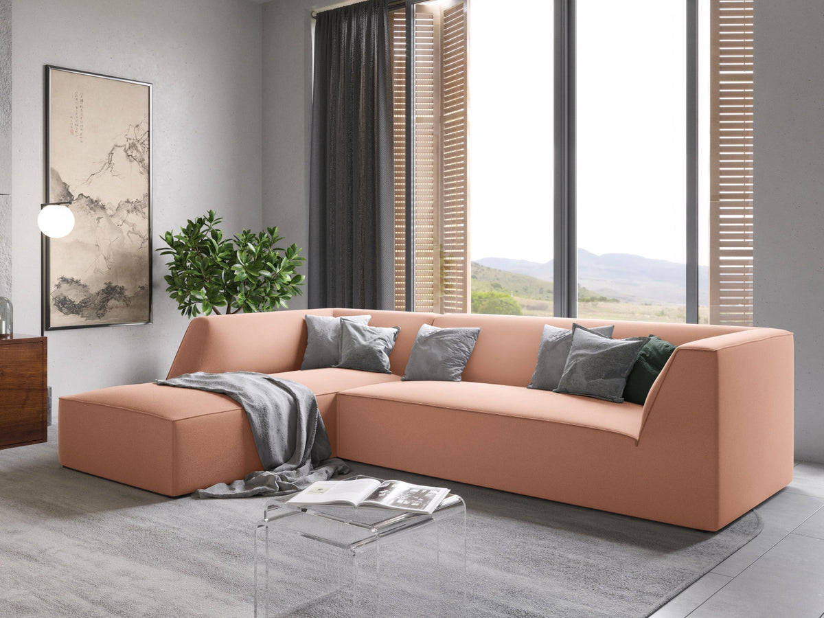 Modulares Ecksofa links in Beige-Salvador Samtstoff, schwarze Kunststoffbeine, Récamiere und gepolsterte Rückenlehne, 4-Sitzer, 180cm Breite.