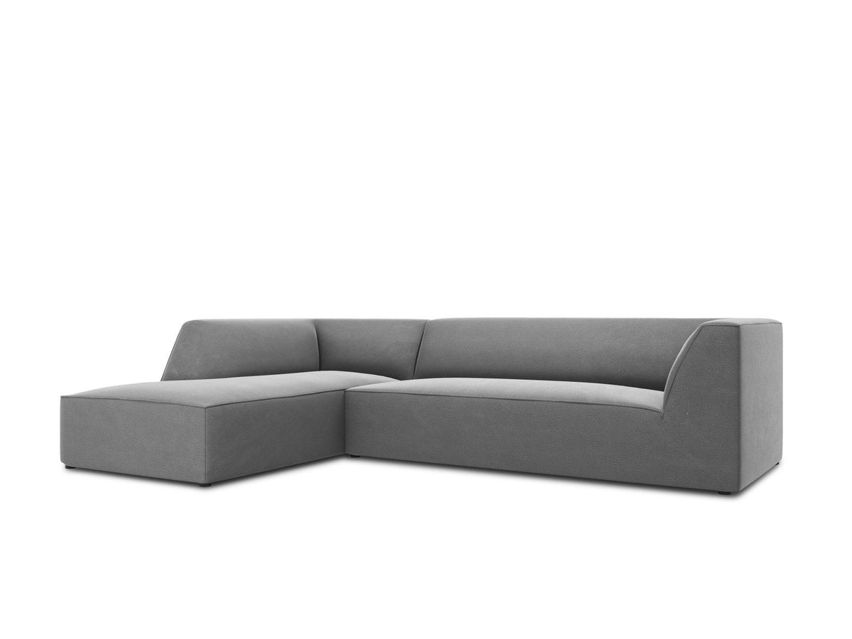 Modulares Ecksofa links in Beige-Salvador Samtstoff, schwarze Kunststoffbeine, Récamiere und gepolsterte Rückenlehne, 4-Sitzer, 180cm Breite.