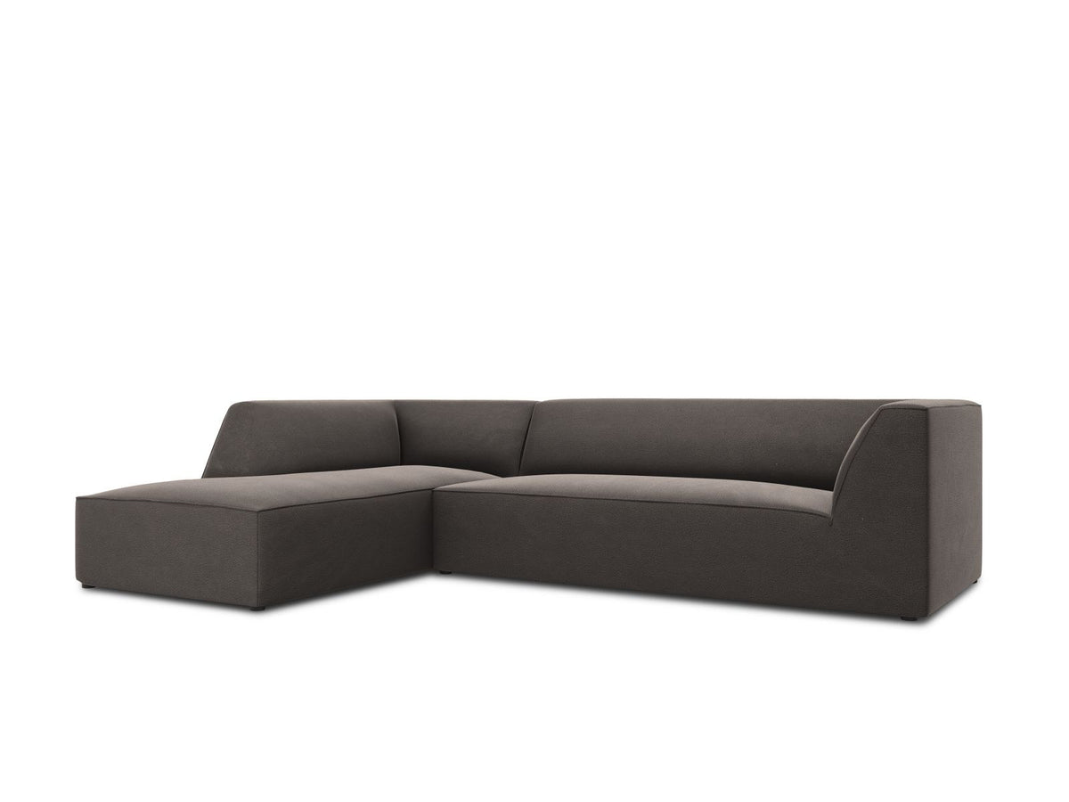 Modulares Ecksofa links in Beige-Salvador Samtstoff, schwarze Kunststoffbeine, Récamiere und gepolsterte Rückenlehne, 4-Sitzer, 180cm Breite.