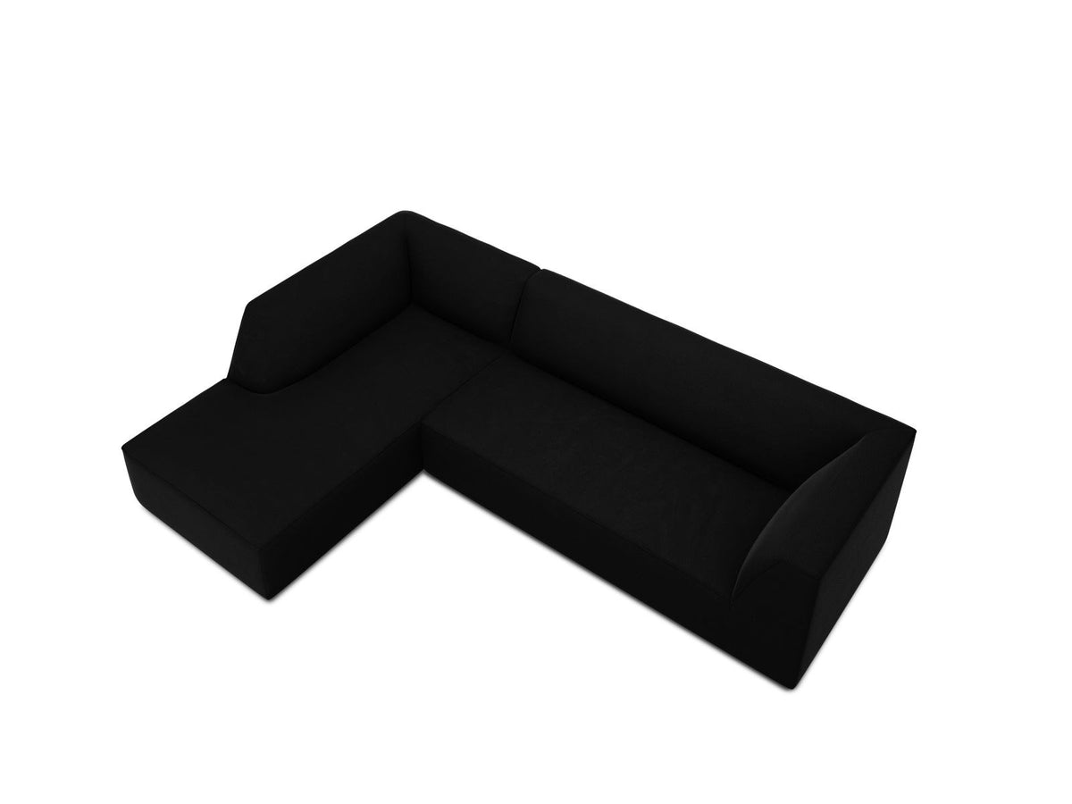 Modulares Ecksofa links in Beige-Salvador Samtstoff, schwarze Kunststoffbeine, Récamiere und gepolsterte Rückenlehne, 4-Sitzer, 180cm Breite.