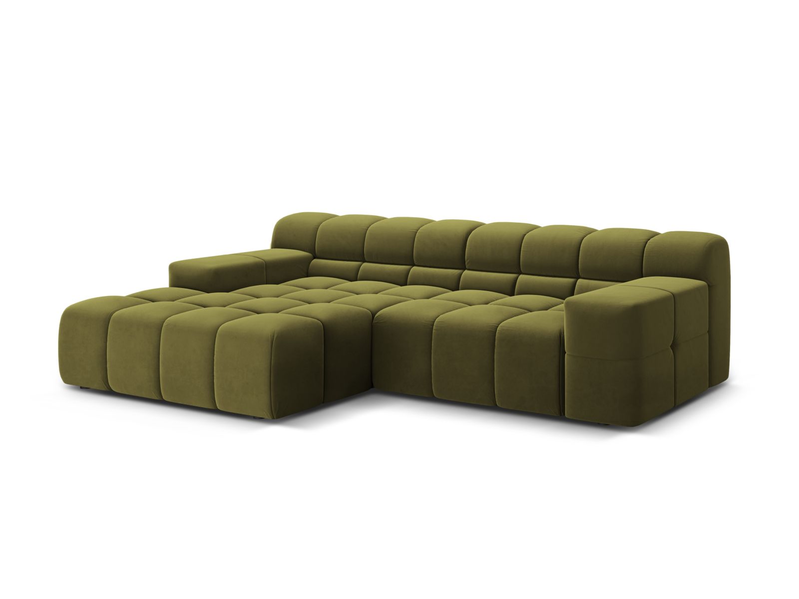 Stylisches 2-Sitzer Ecksofa links Hawaii in sanftem Pistaziengrün aus Magic Velvet, ideal für moderne Wohnräume.