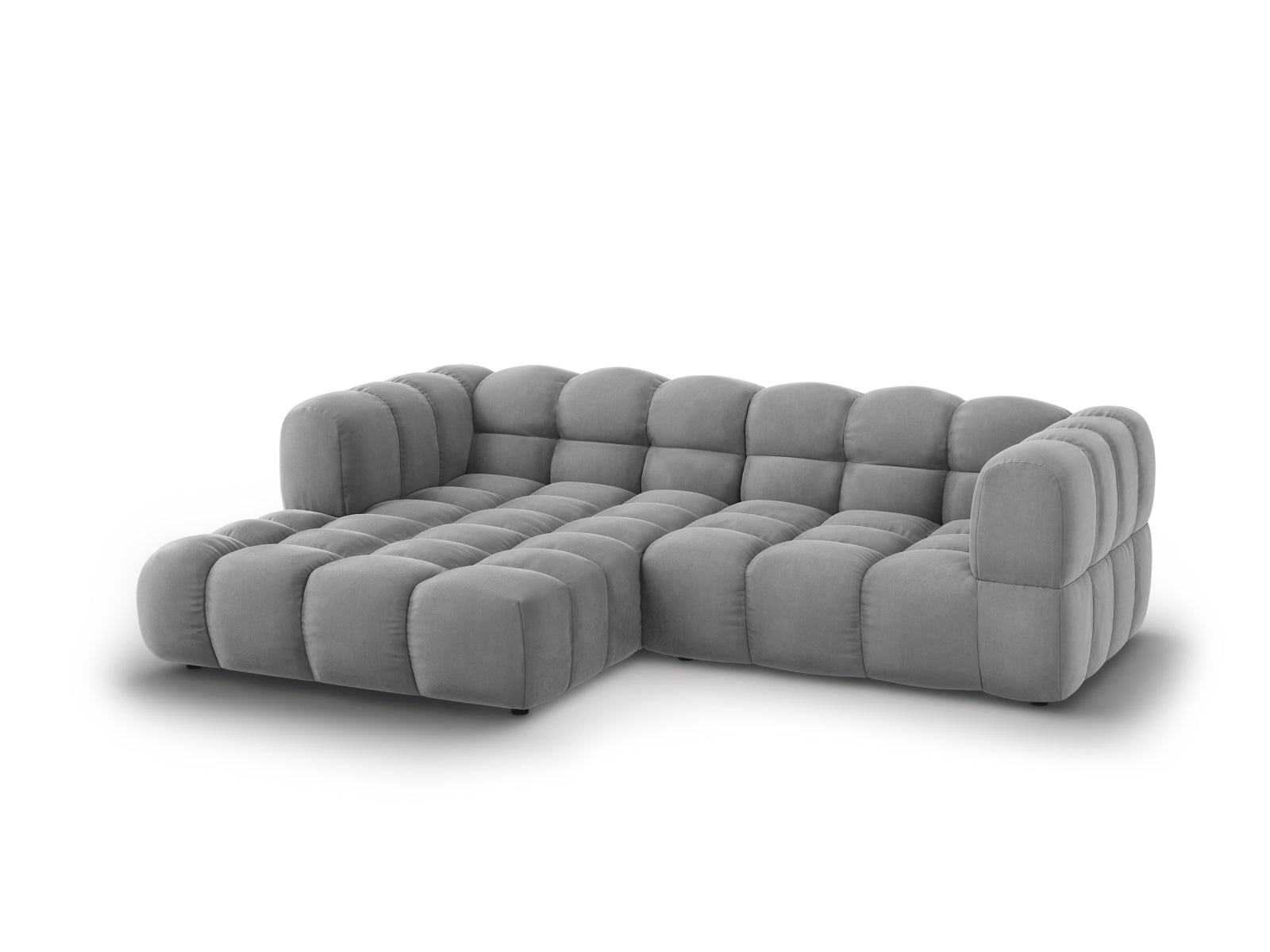 Elegantes Sky Velour Ecksofa links, 3-Sitzer in hellem Grau, ideal für stilvolle Wohnräume, präsentiert von Cosmopolitan Design.