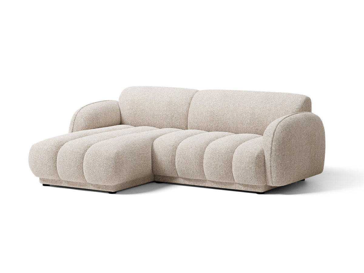 Beige-meliertes Boucle-Ecksofa links mit Récamiere, Massivholzrahmen und schwarzen Kunststoffbeinen, Cosmopolitan Design Bilbao Serie.
