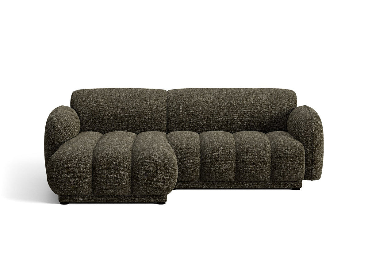 Beige-meliertes Boucle-Ecksofa links mit Récamiere, Massivholzrahmen und schwarzen Kunststoffbeinen, Cosmopolitan Design Bilbao Serie.