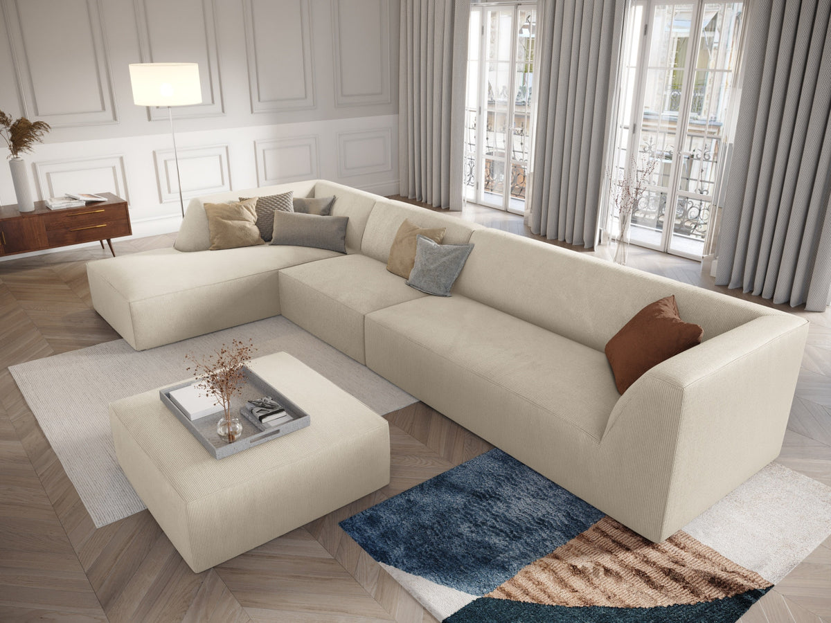 Runder Pouf mit hellblauem Cordstoff-Bezug, schwarzen Kunststoffbeinen und Massivholzrahmen, Modell Siena von Cosmopolitan Design.