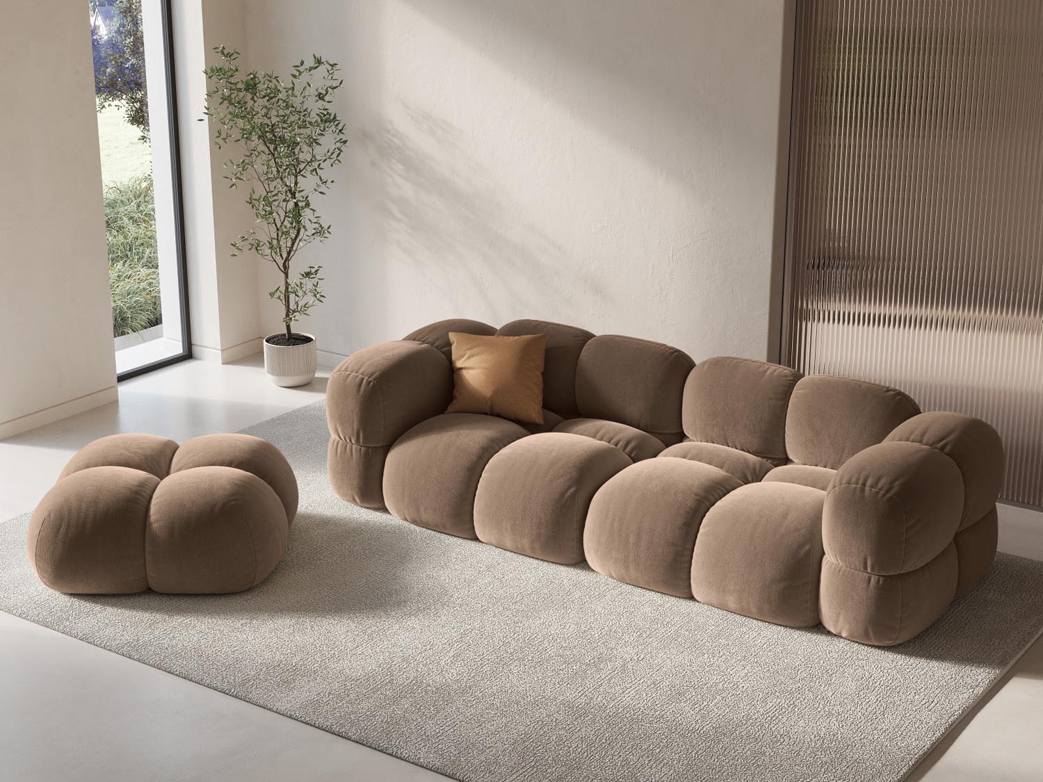 Eleganter Loretto Velour Pouf in Dunkelbeige, ideal für stilvolle Akzente in jedem Raum. Perfekt als Sitzgelegenheit oder Fußablage.
