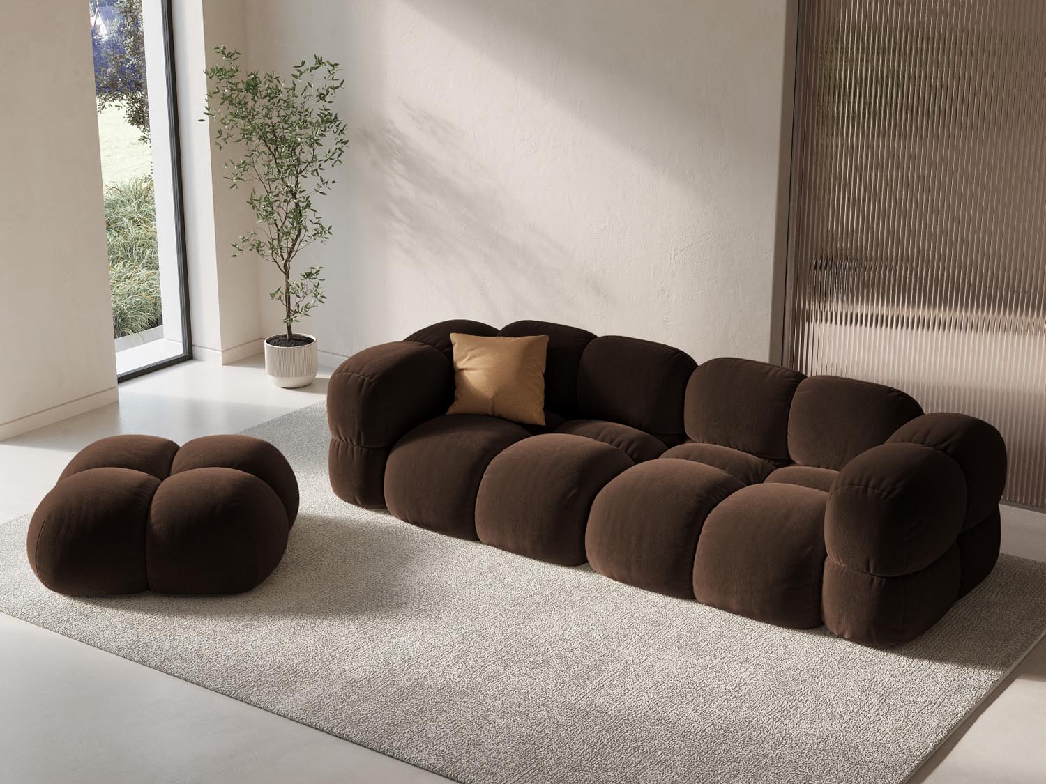 Eleganter Loretto Velour Pouf in Chocolate-Vogue, 90 cm, ideal für stilvolle Akzente in jedem Raum, erhältlich bei KAQTU Design AG.