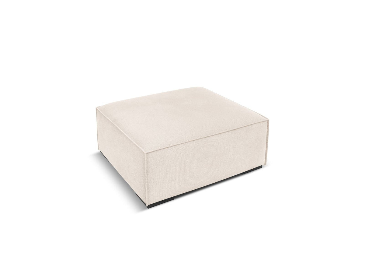 Runder Pouf Turin in Light Beige-Rosario mit Chenille-Bezug, Massivholzrahmen aus Kiefer und Beinen aus schwarzem Buchenholz, Masse 100x100x39cm.