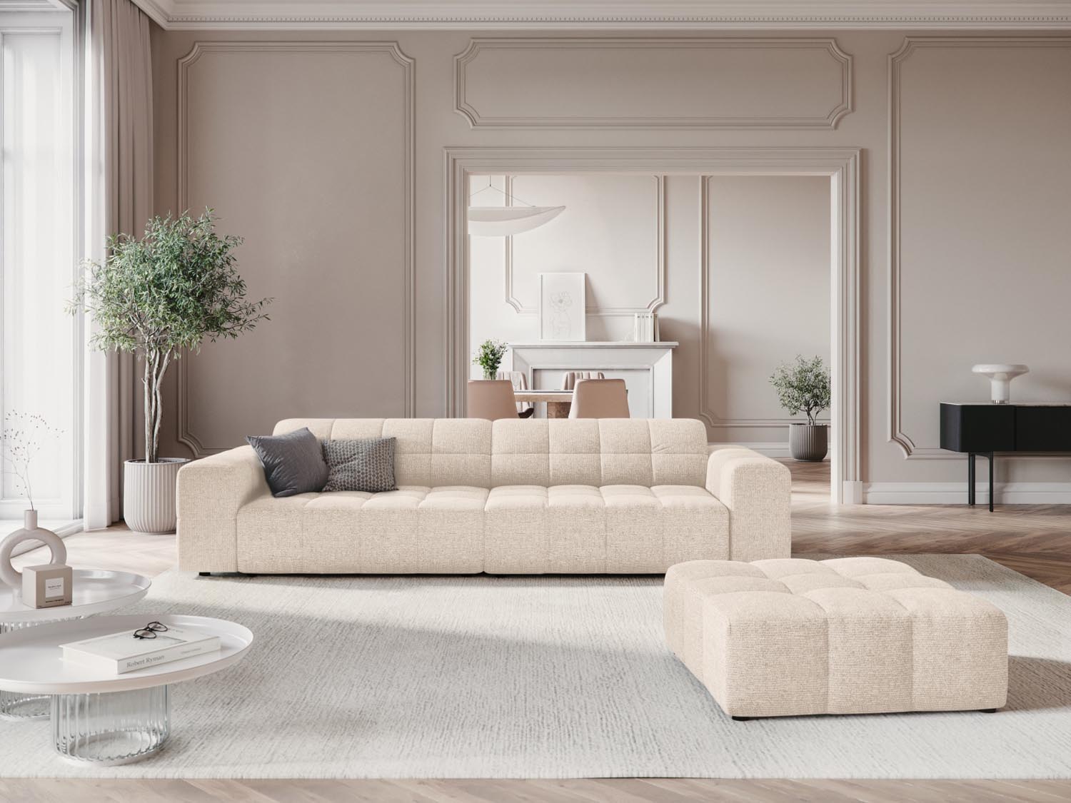 Stylischer Chicago Pouf in sanftem Beige, ideal für gemütliche Sitzgelegenheiten und moderne Wohnräume. Perfekt für jedes Zuhause.