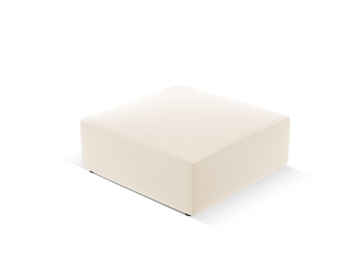 Runder Pouf mit lederähnlichem Bezug in Light Beige, Massivholzrahmen und schwarzen Kunststoffbeinen, Durchmesser 93 cm, Höhe 40 cm.