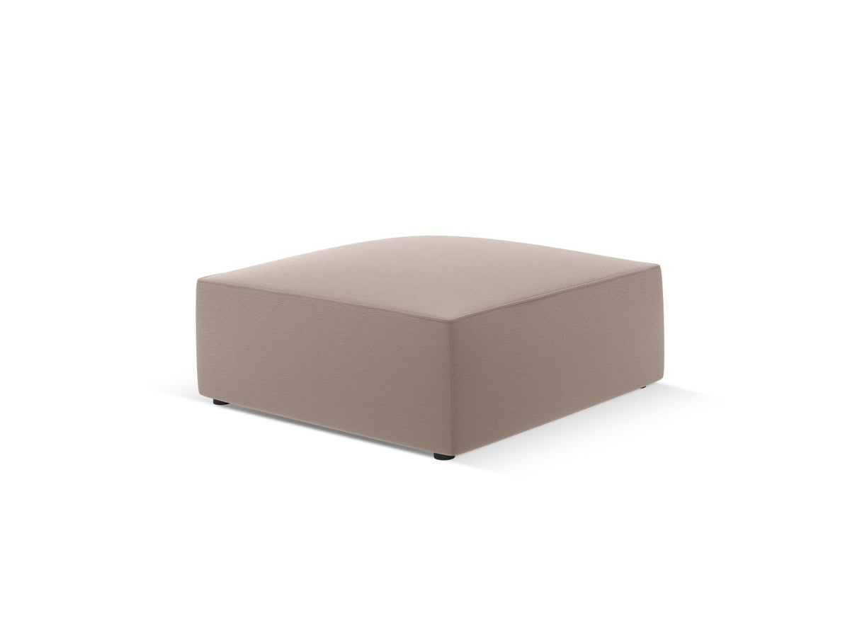 Runder Pouf mit lederähnlichem Bezug in Light Beige, Massivholzrahmen und schwarzen Kunststoffbeinen, Durchmesser 93 cm, Höhe 40 cm.