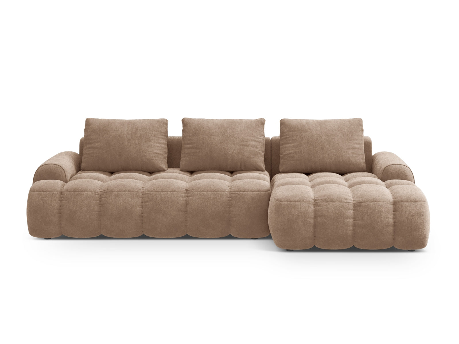 Linz Velour Ecksofa rechts mit Schlaffunktion und Stauraumbox 3 Sitzer 142cm in Dark Beige-Vogue präsentiert im Onlineshop von KAQTU Design AG. Bettsofa rechts ist von Cosmopolitan Design