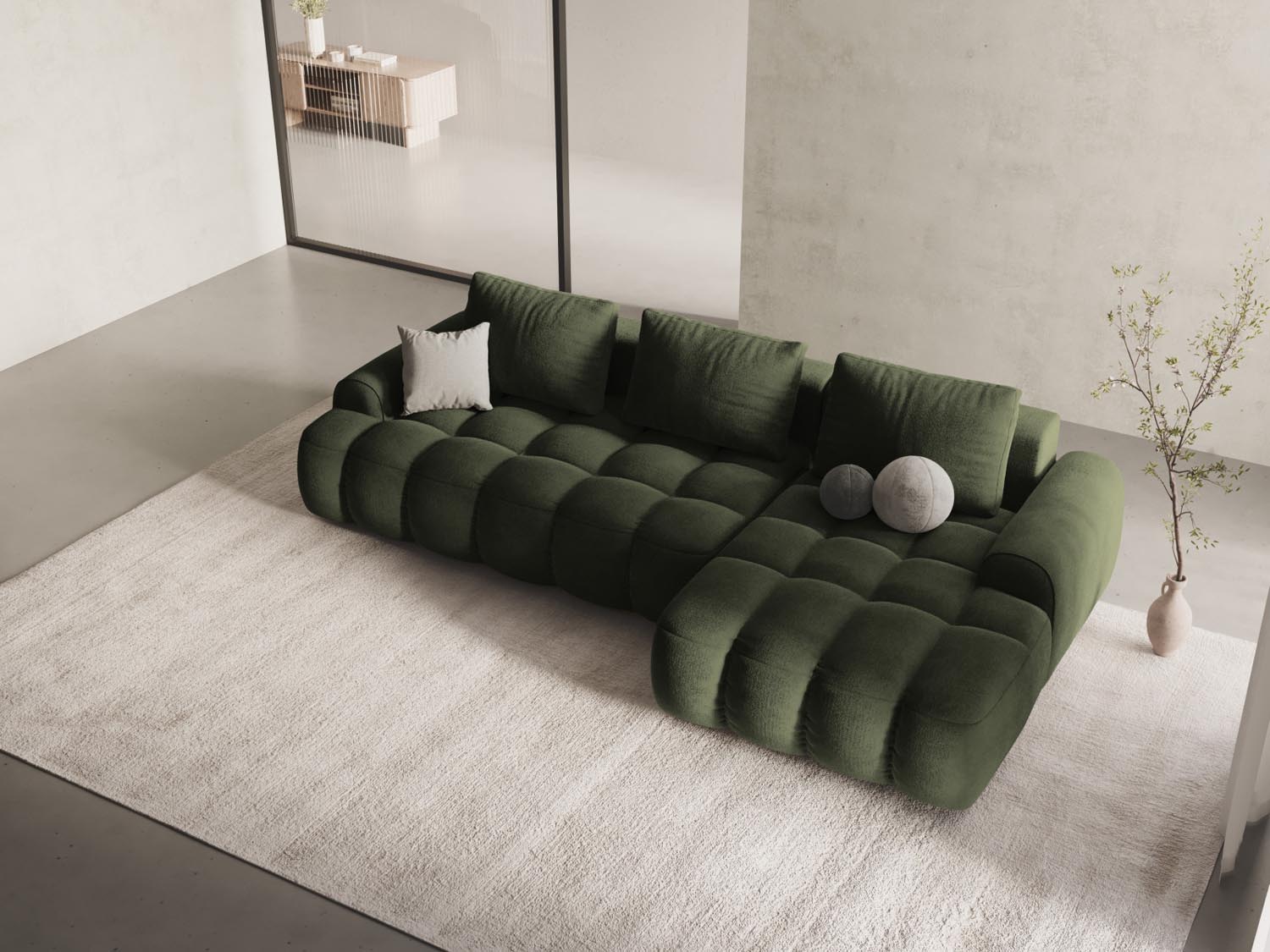 Modernes Linz Ecksofa in Grün mit Schlaffunktion und Stauraum, ideal für stilvolle Wohnräume und flexible Nutzung.