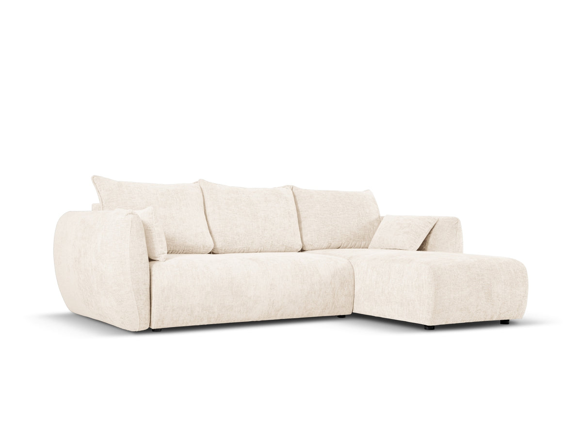 Ecksofa Matera als Bettsofa rechts mit Stoffbezug, Récamière und schwarzen Kunststoffbeinen