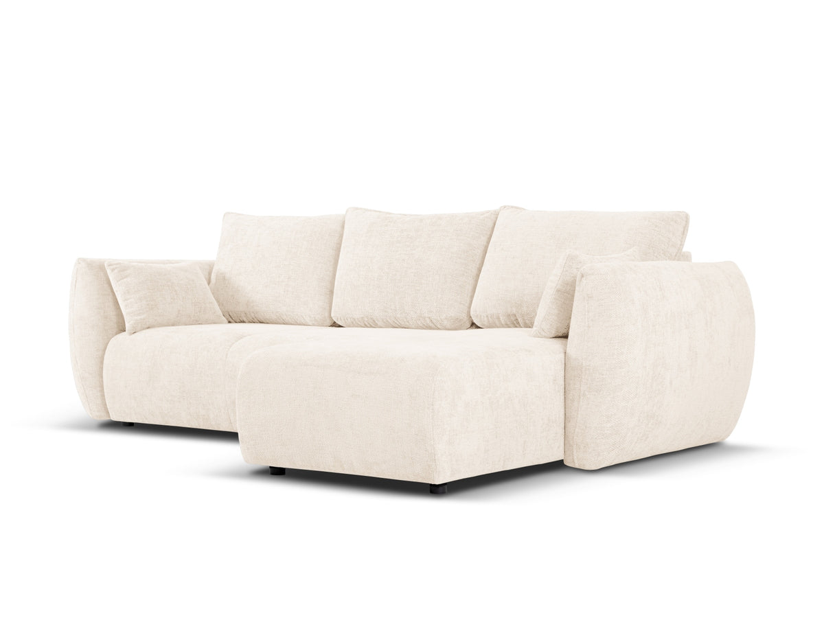 Ecksofa Matera als Bettsofa rechts mit Stoffbezug, Récamière und schwarzen Kunststoffbeinen