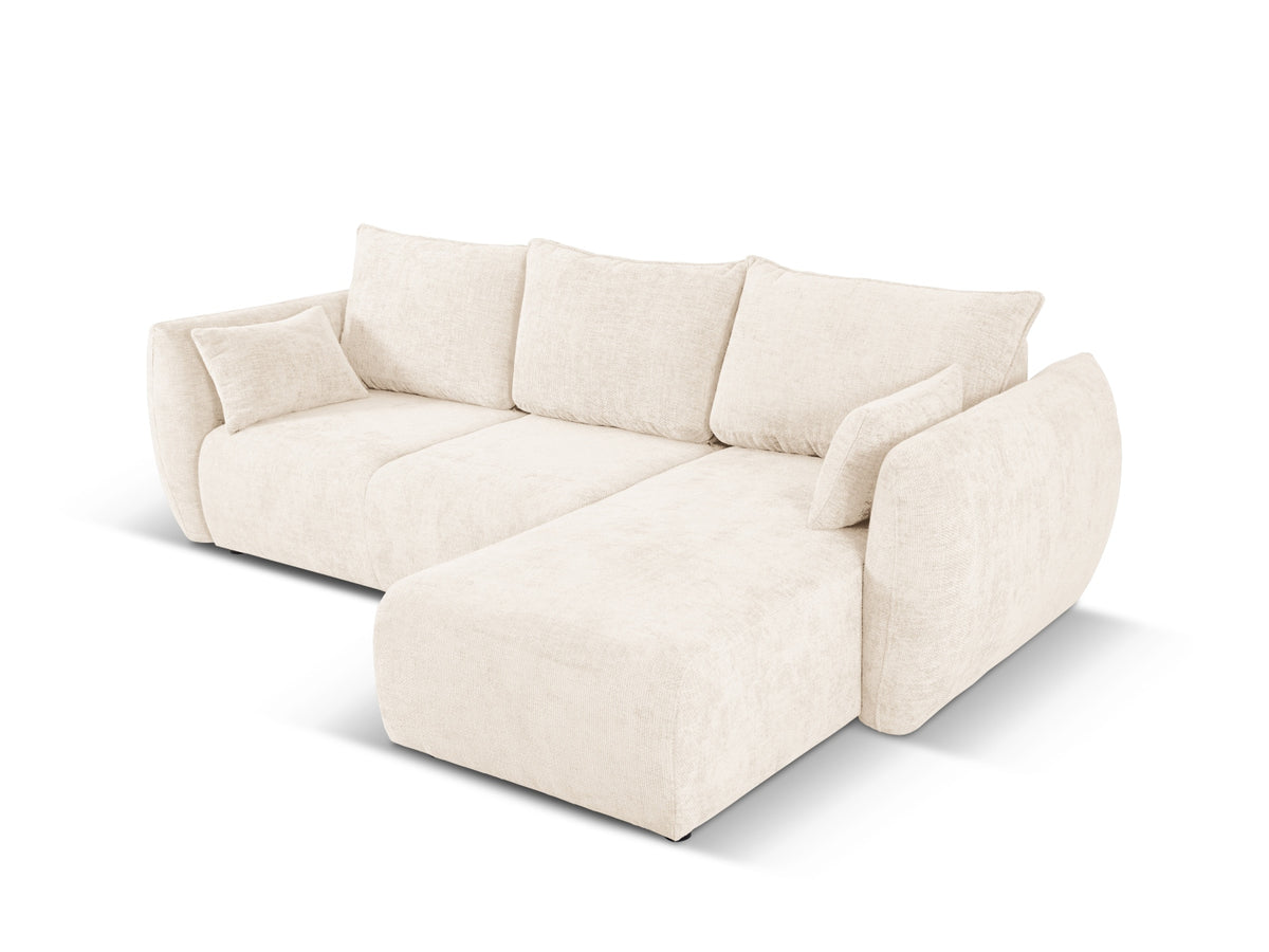 Ecksofa Matera als Bettsofa rechts mit Stoffbezug, Récamière und schwarzen Kunststoffbeinen