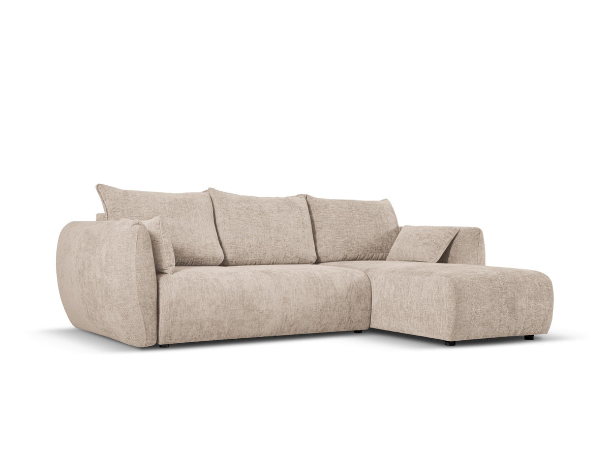 Ecksofa Matera als Bettsofa rechts mit Stoffbezug, Récamière und schwarzen Kunststoffbeinen