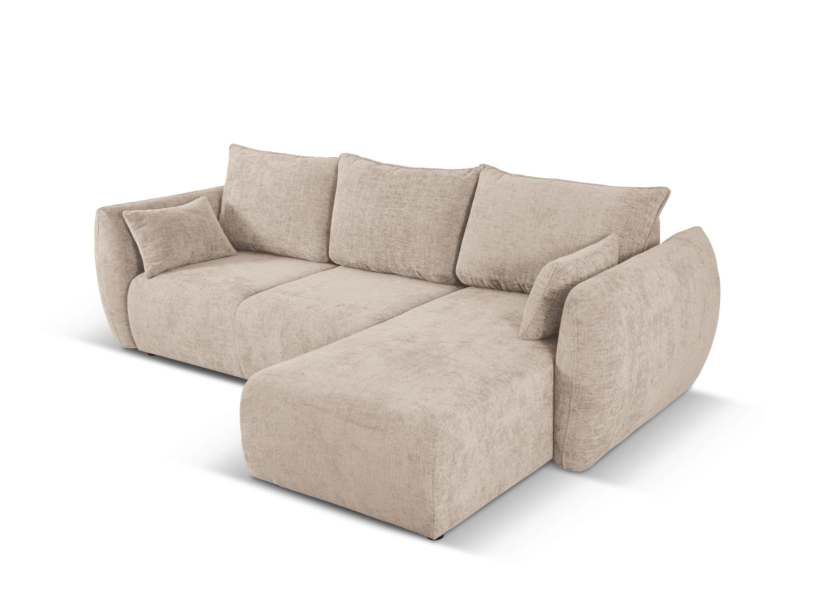 Beige 4-Sitzer Ecksofa Matera mit praktischer Schlaffunktion und cleverem Stauraum, perfekt für stilvolle und funktionale Wohnräume.