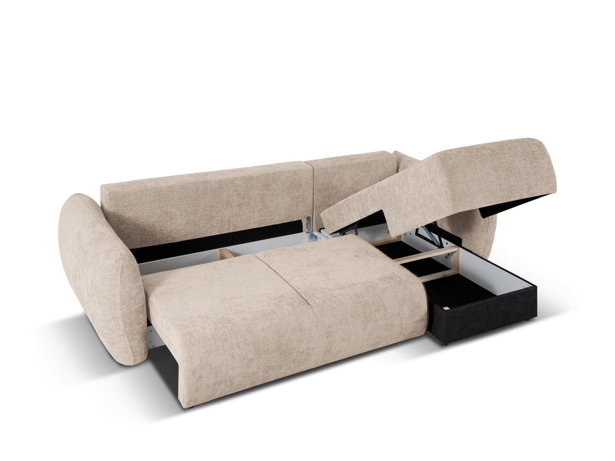 Ecksofa Matera als Bettsofa rechts mit Stoffbezug, Récamière und schwarzen Kunststoffbeinen