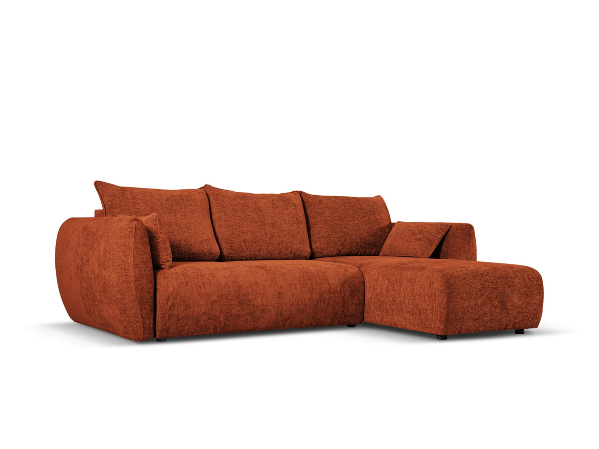Ecksofa Matera als Bettsofa rechts mit Stoffbezug, Récamière und schwarzen Kunststoffbeinen