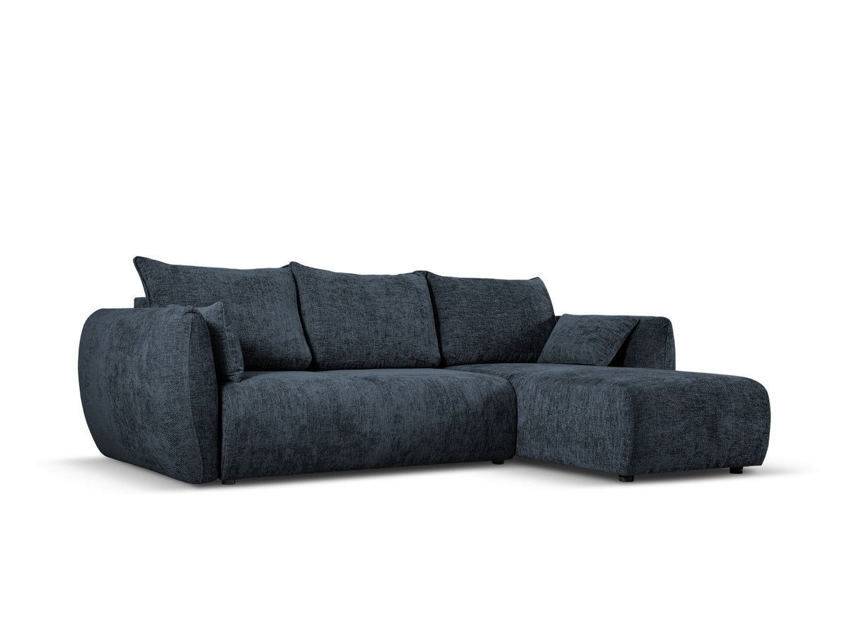 Ecksofa Matera als Bettsofa rechts mit Stoffbezug, Récamière und schwarzen Kunststoffbeinen