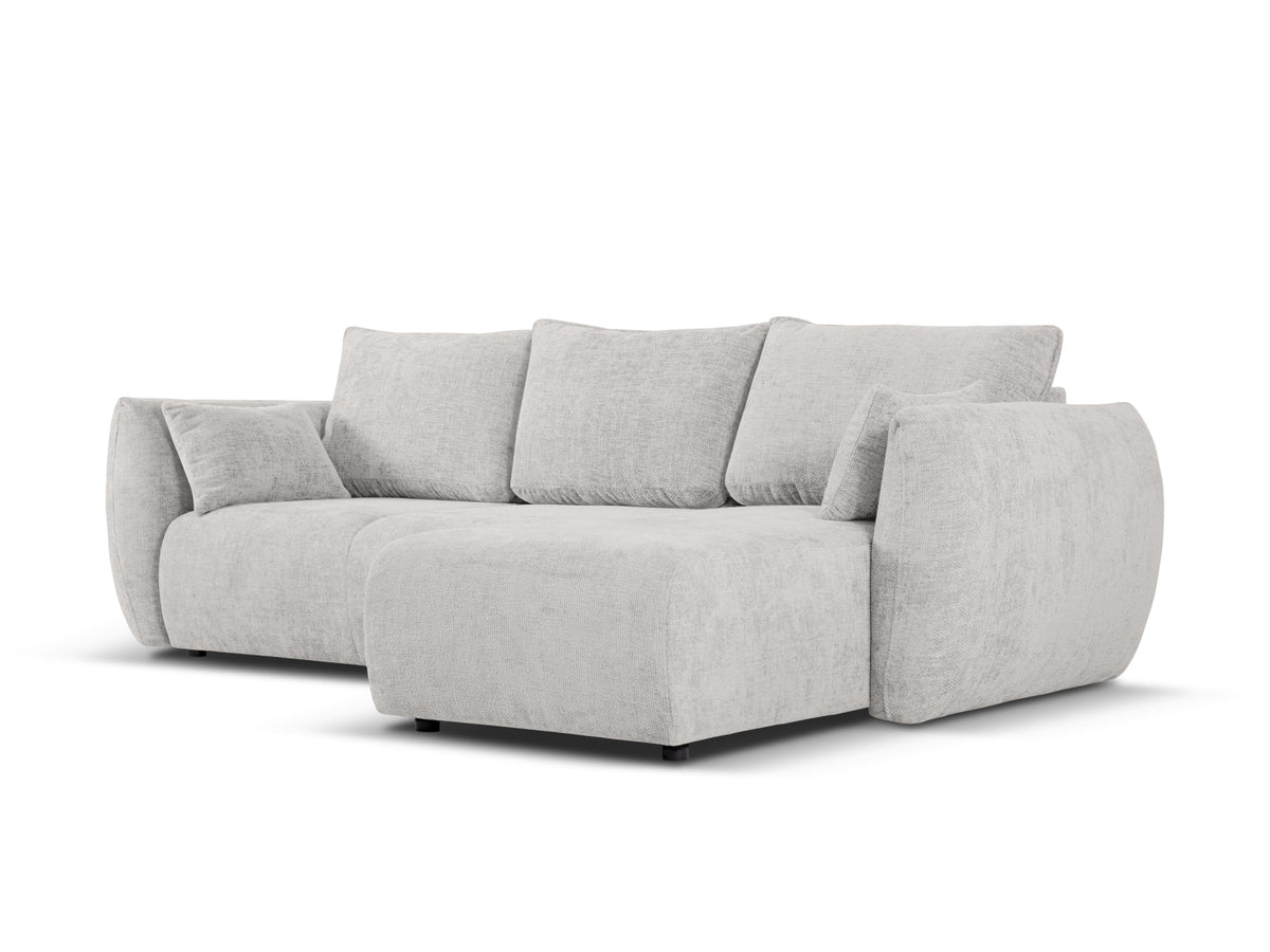 Ecksofa Matera als Bettsofa rechts mit Stoffbezug, Récamière und schwarzen Kunststoffbeinen